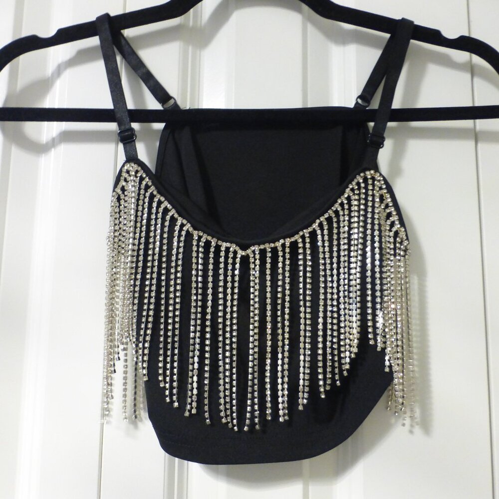 Black rhinestones strands Y2K style crop top with adjustable spaghetti s…